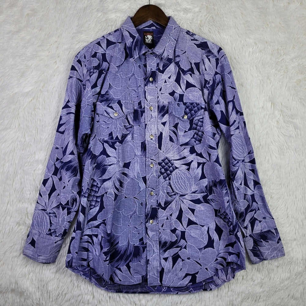 Vtg Karman Blue Tropical Graphic Print Button Up Shirt Mens L Western Retro